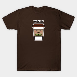 Woohoo! | Coffee Cup | Charging | High Battery | Cute Kawaii | Dark Brown T-Shirt